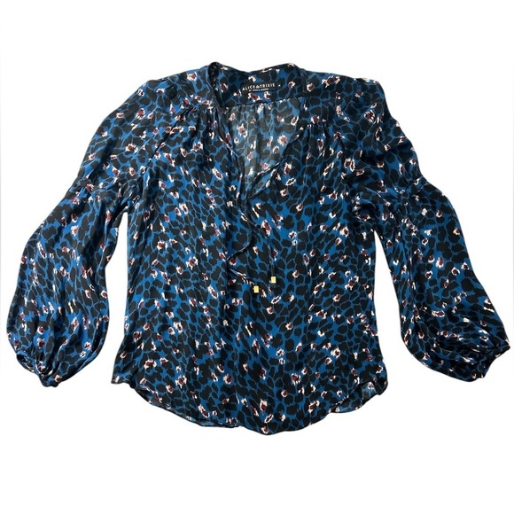 Alice & Trixie 100% Silk Top Blue Black Animal Print Women’s M Prairie Tie Neck - Picture 3 of 10